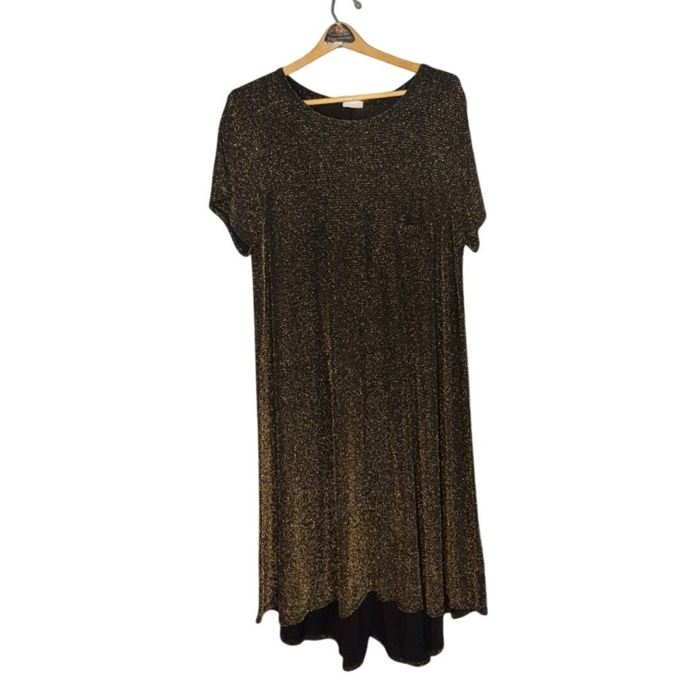 LulaRoe Carly Dress 3XL Womens Black Gold Metallic Shimmer High Low Swing Dress